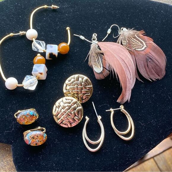 5pc lot Brown Boho Silver & Gold tone Clip & Drop dangle earrings bundle feather - Picture 1 of 2